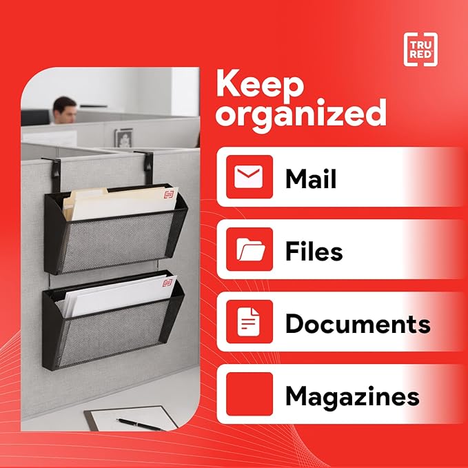 TRU RED Mesh Letter Wall File, 1‑Pocket Hanging Organizer, Black, 2‑Pack – Wall‑Mounted Office, Door & Cubicle File Holder