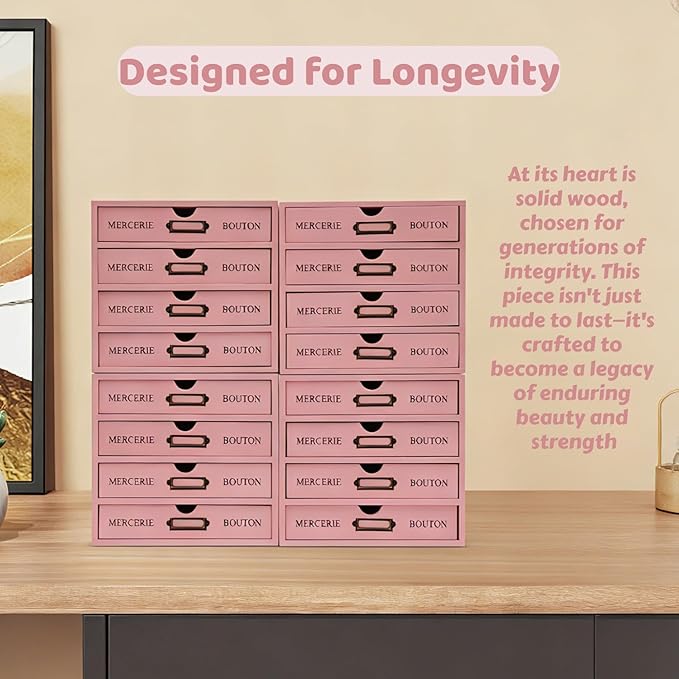 16-Drawer Wooden Desk Organizer Storage Box with Label Holders Vintage Wood Desktop Organizer, Desk Drawer Unit Collectors Box for Living Rooms, Bedrooms, Offices (Pink, 4PCS, 16 Drawers)