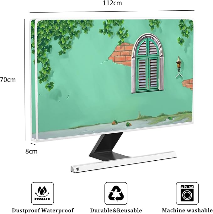 Waterproof Weatherproof Screen TV Cover 45, 46, 47, 48 Inch Full Body Covers for TV Screen Anti-Static Dustproof Protective Television Cover for LCD/LED/HD，Green Vintage Wall With Window