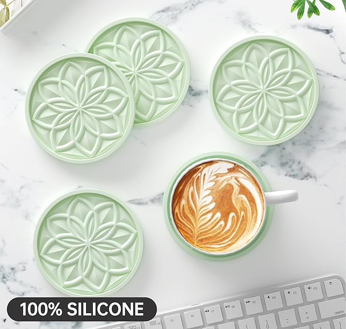 HFHOME Silicone Coasters Set for Drinks - 6 Pack With Holder, Table Cup Mat for Coffee Table, Desk, Bar - Tabletop Protection Gift - Nyanza Green