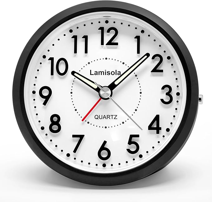 Lamisola Small Desk Clock, Battery Operated Travel Clock, Compact Analog Alarm Clock for Bedroom Home Office Bathroom Kitchen, Silent Large Display- Black