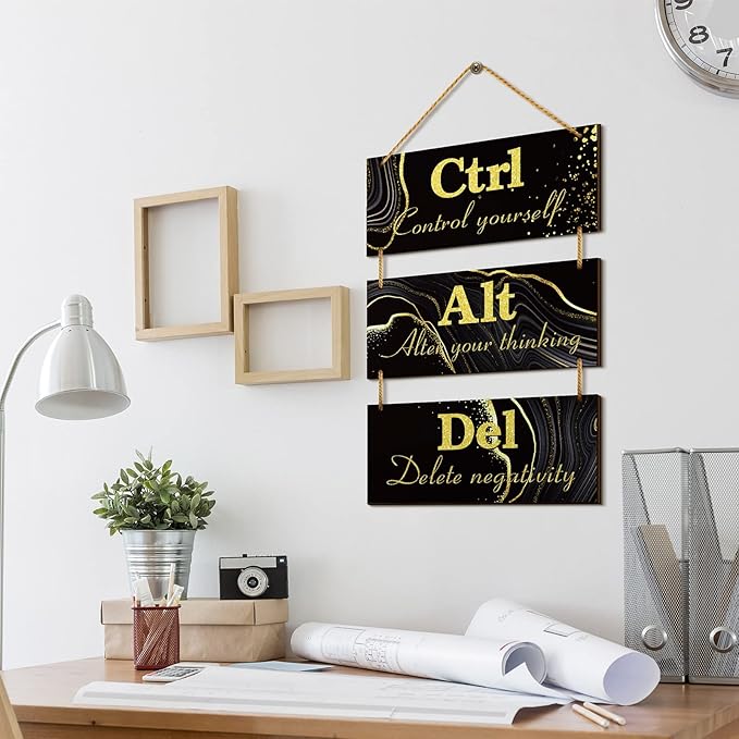 Qunclay Black and Gold Office Wall Decor Ctrl Alt Del Inspirational Rustic Wall Hanging Wooden Signs Motivational Art with Sayings Motivational Plaques for Home Living Room Decoration, 10 x 4 Inch