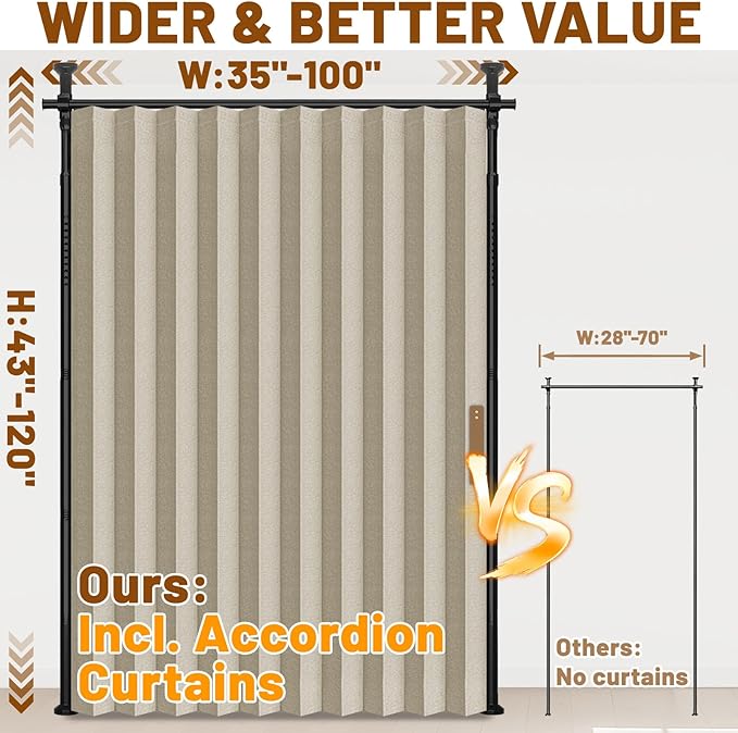 AJAZZ Room Divider Curtain (Beige, W100 x L84 in, 1 Panel)+ Curtain Rods No Drilling Adjustable Tension (H) 43-120×(W) 35-100 in, Heavy Duty Wall Divider for Apartment/Dorm