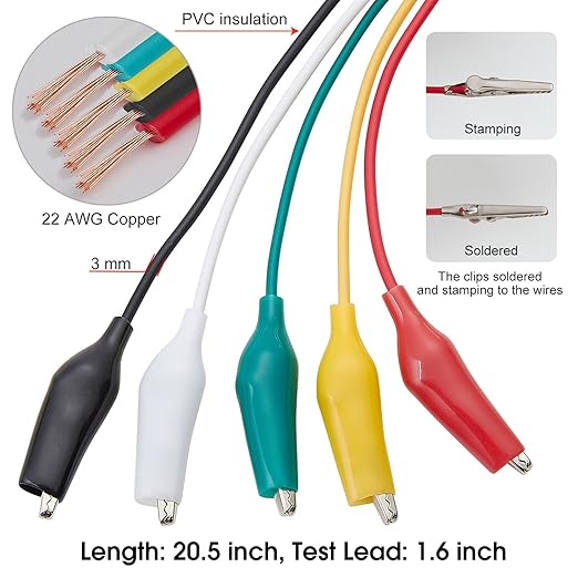 WGGE WG-026 10 Pieces and 5 Colors Test Lead Set & Alligator Clips,20.5 inches / 22 AWG Wire (3 Pack)
