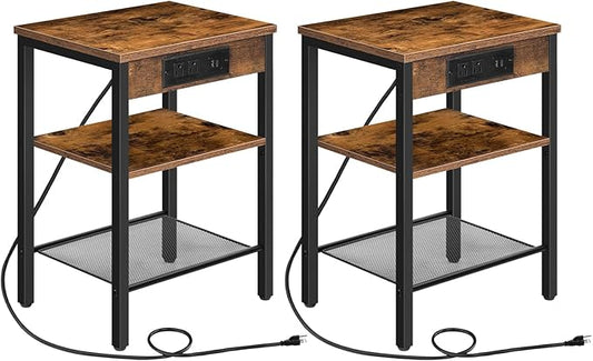 HOOBRO Side Tables Set of 2 with Charging Station and USB Port, Small End Tables for Small Space, 3-Tier Nightstands with Adjustable Shelf, for Living Room, Bedroom, Rustic Brown BF112BZP201