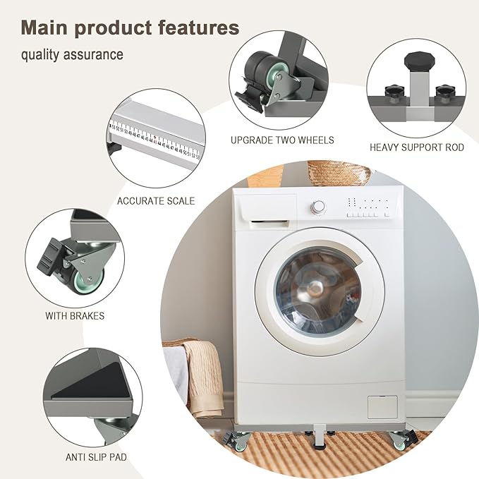 I'Ezonk Heavy Duty All Stainless Steel Mobile Mini Fridge Stand, Refrigerator Stand and Washing Machine Stand with Wheels, Adjustable Furniture Dolly for Washer, Refrigerator and Dryer(Gray)