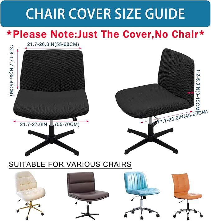 Vanity Chair Cover Criss Cross Chair Cover Waterproof and Elastic Armless Chair Slipcover Armless Chair Covers Office Chair Covers (Black,Just The Cover,No Chair)