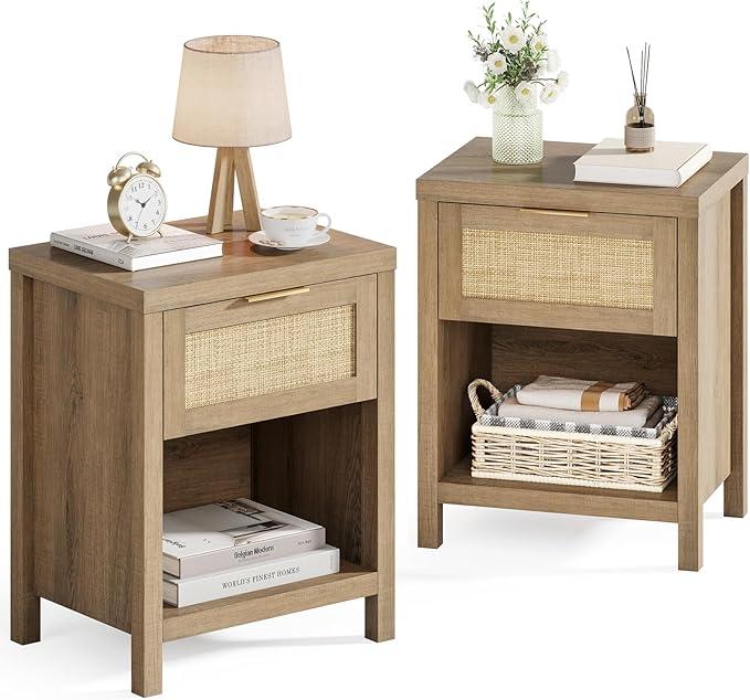 Eclatara Rattan Nightstand Set 2: Boho End Table with Drawer and Storage Shelf, Farmhouse Cane Accent Bedside Night Stands for Bedroom Small Space Sofa (2, Caramel Oak)