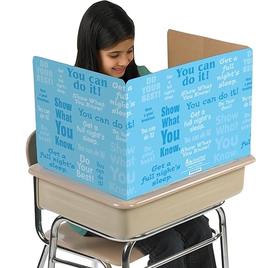 Really Good Stuff Privacy Shields for Student's Desks - 14"H x 22"W x 16"D - Blue Desk Dividers with Motivational Messages (Set of 12)