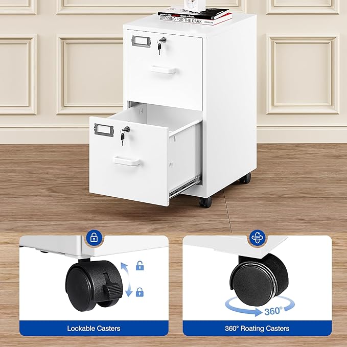 BYNSOE 2 Drawers File Cabinet with Lock Metal Vertical File Cabient with Wheels Mobile File Cabinet for Office Home Legal/Letter/a4 Size Require Assembly (White, 2 Drawers)
