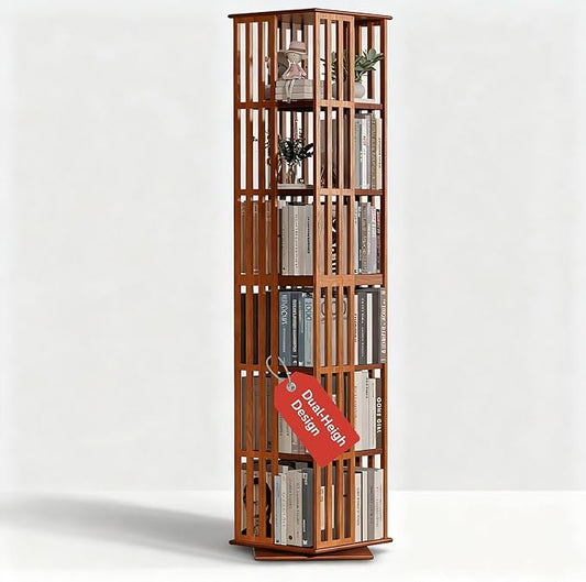 Lauxery Rotating Bookshelf Tower, 6-Tier 360° Bamboo Spinning Bookcase – Narrow Revolving Book Shelf, Floor Standing Space-Saving Storage Book Shelves for Small Space, Corner & Home Office | Walnut