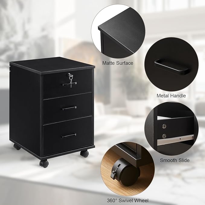 OFCASA 3 Drawer File Cabinet with Lock, Small Rolling Filing Cabinets for Home Office, Wooden Under Desk File Cabinet with Wheels, Mobile Storage Cabinet Printer Stand, for Letter/Legal/A4 Size, Black