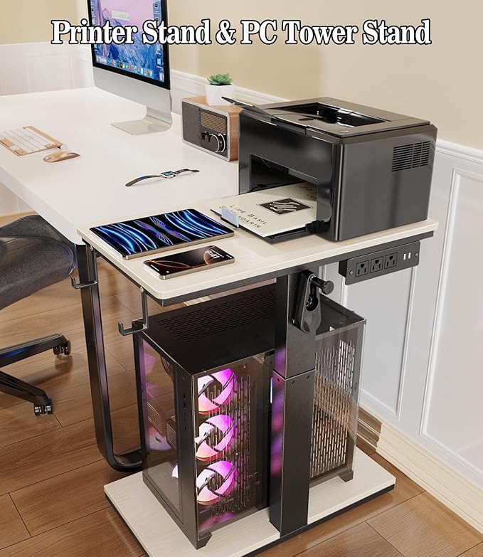 Computer Tower Stand with Charging Station & USB Ports - Adjustable Height PC Stand 2-Tier, Under Desk for ATX-Case with Wheels, CPU Holder for Office, Home, Gaming Room