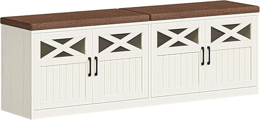 Hzuaneri 2 Tier Shoe Storage Bench with Doors, 59" Farmhouse Shoe Bench with Padded Cushion, 12-16 Pairs of Bed End Bench, Entryway Bench with Storage for Bedroom, Living Room,Rustic White SB61514KA