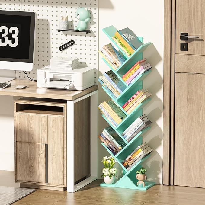 SHEEPAM 10 Tier Tree Book Shelf, Floor Standing Wood Bookshelf for Narrow Space, Storage Organizer Bookshelves for Books/CDs/Magazine, Bookcase with Shelves for Home Office, Living Room - Green