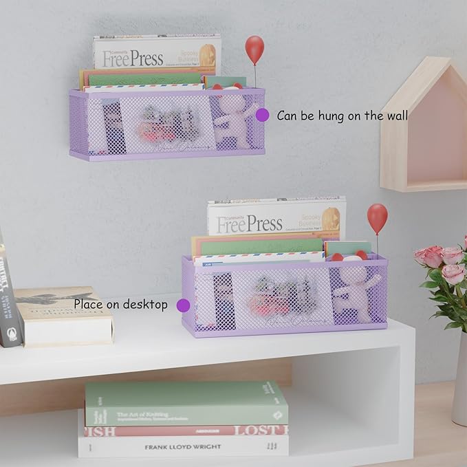 Mail Holder Countertop, Mail Organizer with 2 Slots, Mail Basket Wall Mounted Desktop Mail Sorter Letter Holder Box Envelope Organizer for Home Office, Purple