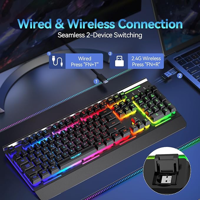TECKNET Wireless Gaming Keyboard, 2-in-1 (2.4G Wireless & Wired) Computer Keyboard, 15-Zone RGB Keyboard, 4000mAh Rechargeable Battery, Metal Panel, PC Gaming Keyboards (Whisper Quiet Gaming Switch)