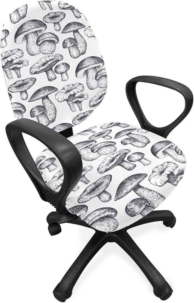 Ambesonne Mushroom Office Chair Slipcover, Hand Drawn Fungus Forest Botany Vegetables Wild Organic Cooking Sketch Art, Protective Stretch Decorative Fabric Cover, Standard Size, Purpleblue White