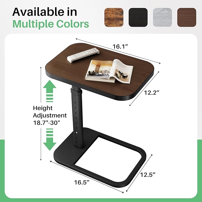 Kitstorack Adjustable Height C-Shaped End Table, 9-Level Side Table with Metal Rounded Edge, Couch Table that Slides Under Sofa or Bed, Eating, Working, and Drinks, TV Tray for Small Spaces, Espresso
