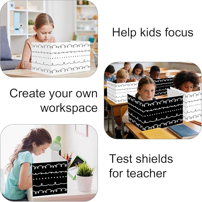 Whaline 24Pcs Student Desk Privacy Boards Classroom Desk Divider White Black Squiggle Dots Shield Privacy Panel Folders Screen Partition for School Teacher Student Test Supplies
