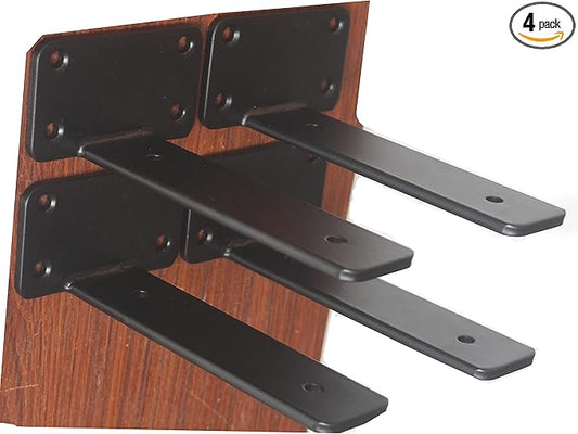 4 Pack - 6 inch Black Hidden L Shelf Bracket (1/5 Inch Thicked) Iron Floating Shelf Brackets Rustic Industrial Metal Brackets for Shelf Support