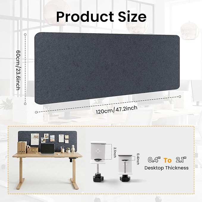 Desk Divider, Clamp On Felt Desk Privacy Panels, Acoustic Sound Absorbing Desk Partition for Office Desk, Reduce Distractions, Dark Gray, 1 Pack, 24 x 48 in