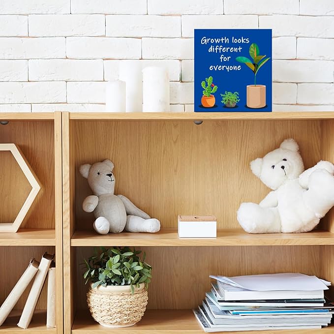 LVQHI Blue Inspirational Desk Sign,Growth Looks Different for Everyone Plant Motivational Wooden Block Sign for Home Bedroom Office Desk Decor 5“L x 5"W x 1.2"H