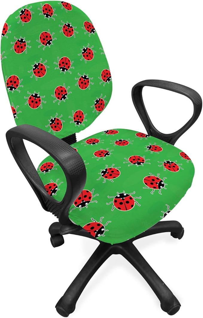 Ambesonne Entomology Office Chair Slipcover, Cartoon Style Repetitive Ladybugs on a Meadow, Protective Stretch Decorative Fabric Cover, Standard Size, Red Green