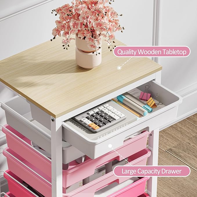 SYKIARIOL Rolling Cart with Drawers,Utility Cart with 6 Drawers,Rolling Storage Cart with Drawers and Wooden Tabletop & Lockable Wheel,Pink
