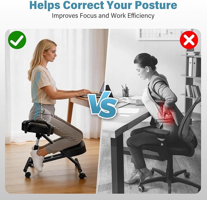 Ergonomic Kneeling Office Chair, Adjustable Postures Chair with Wheels & Extra Thick Cushion, for Study, Meditation & Home Work, Supports Back & Spine, Comfortable for Adults & Students
