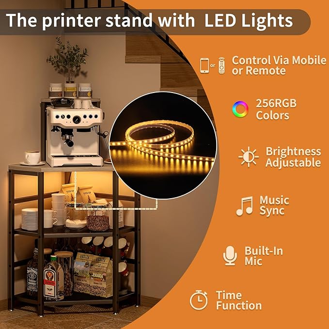 METYERRY Gray Corner Printer Stand Table, with Power Outlet and USB Charging & LED Lights, for Home Printer Stands, Storage Shelf, Computer Tower/CPU Stand Holder for Home Office, Greige