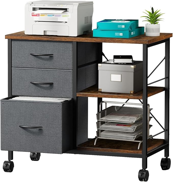 DUMOS File Cabinet, Mobile Storage Cabinet with 3 Drawers and Back Support Bar, Spacious Printer Stand with Storage Supporting 198 lbs for Home Office, Rust