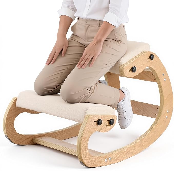 VEVOR Ergonomic Kneeling Chair, Wooden Posture Knee Chair with Adjustable Thick Foam Cushions & Solid Wood Frame, Adjustable Height, Relief for Neck or Back Pain for Home, Office or Meditation, Beige