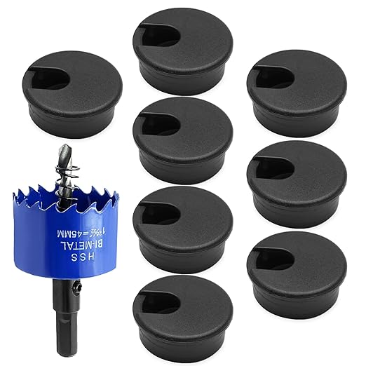 8pcs 1-3/4 Inch Desk Grommet with Drilling Hole Saw, Plastic Desk Hole Cover, Black Cable Hole Cover, Desk Hole Grommet for Wire Cord Organizing Office Computer Desk