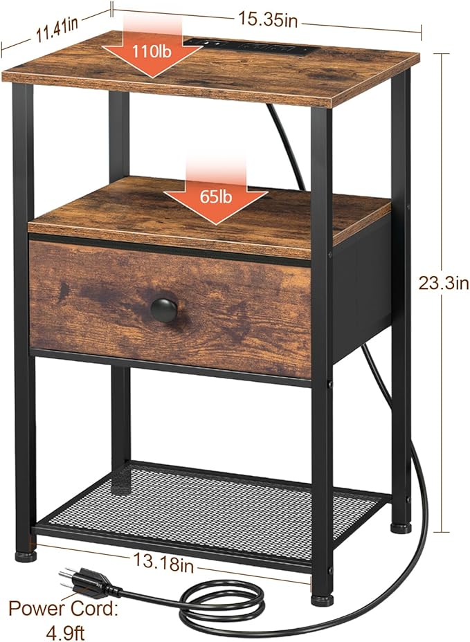LOAKEKEL Night Stand Set 2, Nightstand with Charging Station, End Tables Living Room with Fabric Drawer for Small Spaces, Bed Side Tables with Storage Shelf for Bedroom, Rustic Brown HETS010PBR