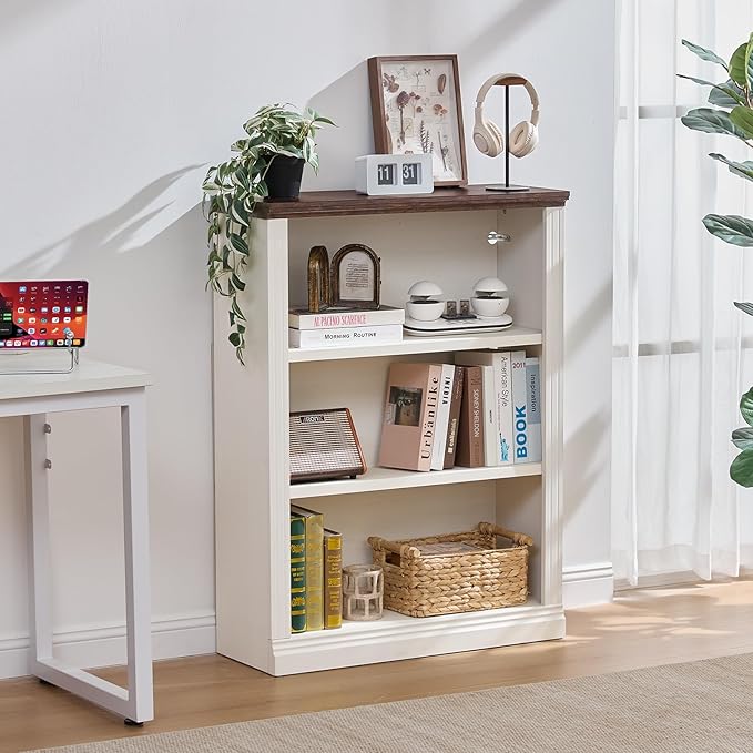 RWYHG 43" White Tall Bookshelf,3-Tier Thick Wooden Book Shelf with Adjustable Shelves,Free Standing Farmhouse Bookcase with Open Display Storage,Floor Vintage Bookshelves for Living Room,Office