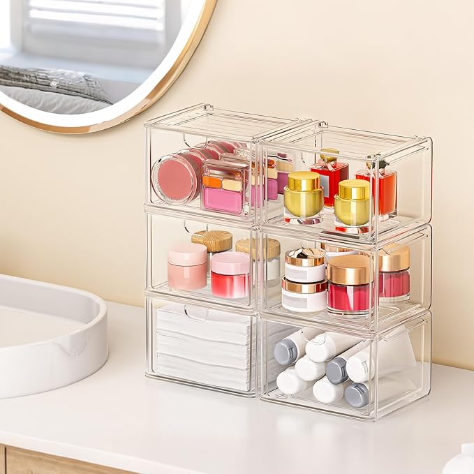 caktraie Acrylic Storage Drawers Set of 6, Clear Makeup Organizer, Plastic Organizer Bins for Beauty Supplies,Ideal for Vanity, Bathroom,Cabinet,Pantry Organization