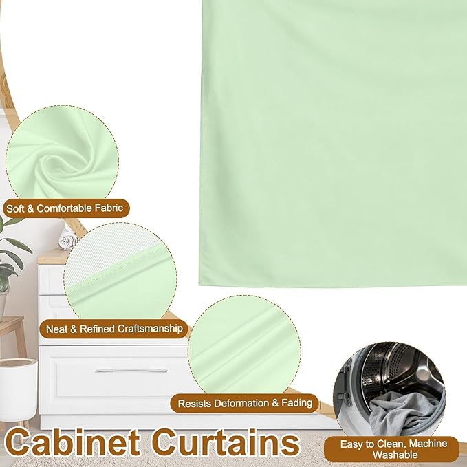 uxcell Cabinet Curtains, Dust Proof Privacy Drape Short Curtain, Hook & Loop Under The Desk Skirt for Kitchen Bathroom Closet Storage Room (35.4" W x 27.6" H, Light Green)
