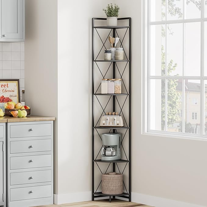 6 Tier Corner Shelf Stand, 78" H Tall Industrial Corner Bookshelf for Living Room Decor, Metal Corner Shelf, Plant Stand Display Shelf for Bedroom, Bathroom, Small Space, Black