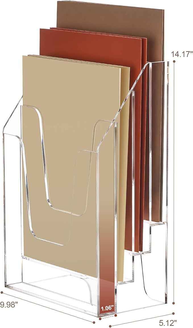 YUXUN Vertical Triple File Folder Holder Organizer,Acrylic File Organizer, File Sorter Clear Crystal