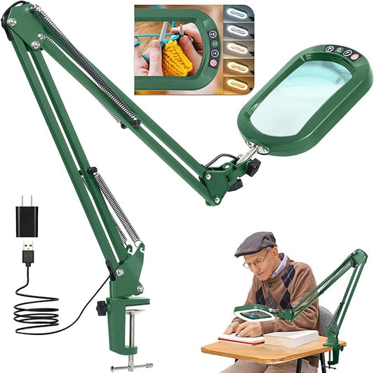 14.35" Large Magnifying Glass with Light and Clamp, Real Glass, 5 Color Modes, Stepless Dimmable, Lighted Magnifier with Stand Hands Free, LED Swing Arm Desk Lamp for Close Work, Craft, Green