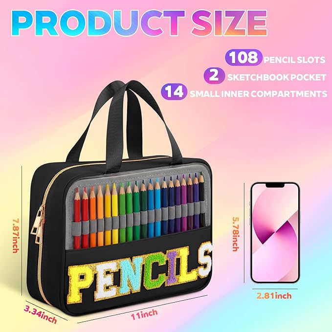 Hillban 108 Slots Large Colored Pencil Case with Chenille Letter Patch Extra Large Capacity Interlayer Pencil Holder Organizer with Handle Zipper Portable Storage Bag Graduation Gift for Artist(Black)