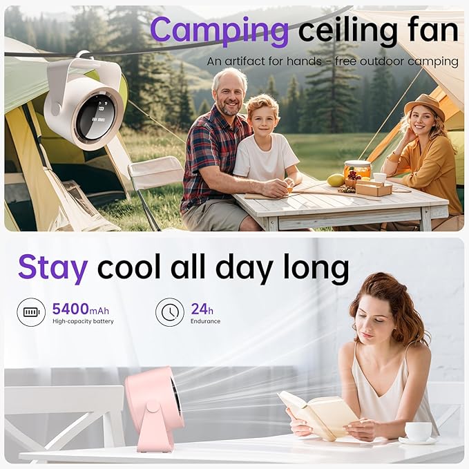 Desk Fan, USB Rechargeable Quiet Desktop Fan with 5400mAh Battery & LED Display, Adjustable Speed Control, 90° Tilt Head Hangable Table Fan for Office, Bedroom, Dorm, Kitchen (Pink)