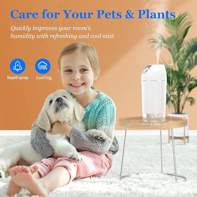 Mini Humidifier-Battery Operated 480ml Cordless Portable Small Humidifier USB Rechargeable Personal Desktop Humidifiers With Night Light & 4 Spray Modes for Car, Baby, Plants (White, 2600mAh)