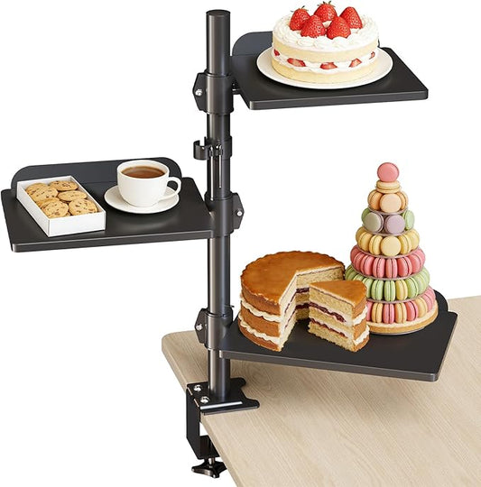 3 Tier Clamp-on Desk Shelf Height Adjustable, 360° Rotatable Desktop Storage Tray with Baffle, Over or Under Desk Organizer Shelf for Office Accessories, Black
