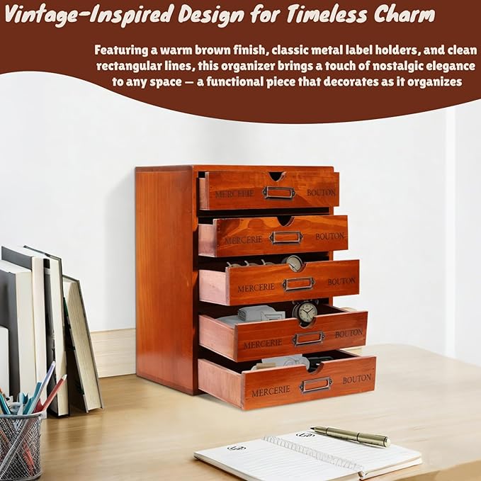 15-Drawer Wooden Desk Organizer Storage Box with Label Holders Vintage Wood Desktop Organizer, Desk Drawer Unit Collectors Box for Living Rooms, Bedrooms, Offices (Brown, 5PCS 15 Drawers)