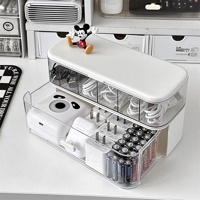 Cord Organizer Box with Lid, Stackable Cable & Charger Organizer, Clear Cable Management Box with 6 Compartment for Office, Desk, Drawer