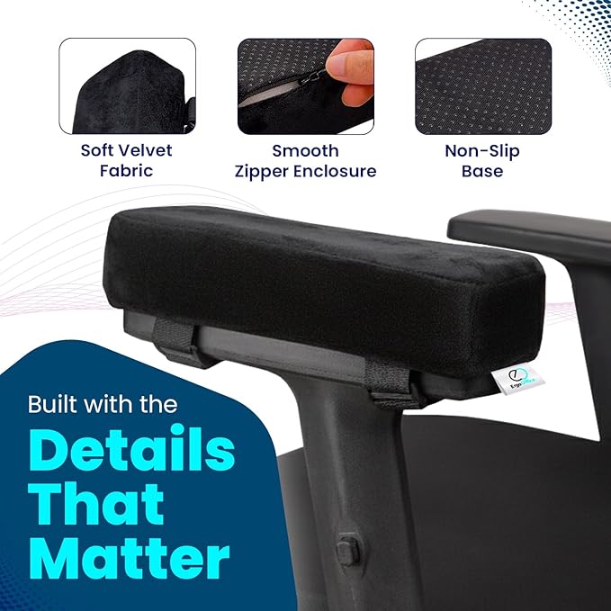 Thick Memory Foam Office Chair Arm Pads - Office Chair Armrest Covers Provide Elbow Cushion and Relieve Pressure - Ergonomic Desk Chair Arm Covers - Gaming, Computer Chair Rest Pads (Set of 2) (Black)