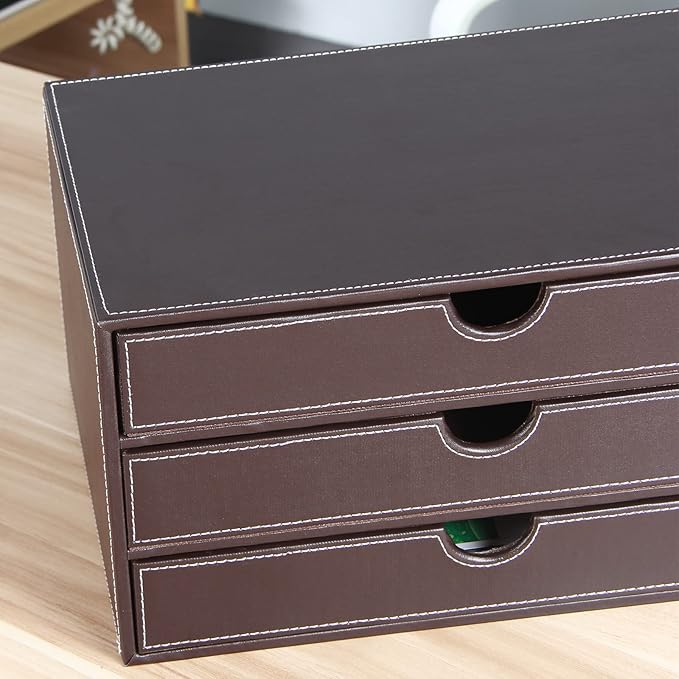 Stackable 3-Drawer Desk Organizer, Executive Office Supplies Desktop Filing A4 File Cabinet/Holder, Leather Storage Box for Document/Paper/Home Decor Accessories (brown)…