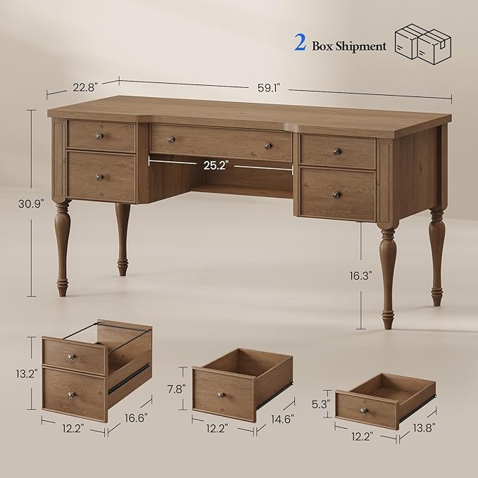 59in Wood Executive Desk with 4 Drawers, Farmhouse Home Office Desks with File Cabinet & Keyboard, Vintage Desk with Privacy Panel and Storage Shelf, Retro Desks for Working, Writing, Studying